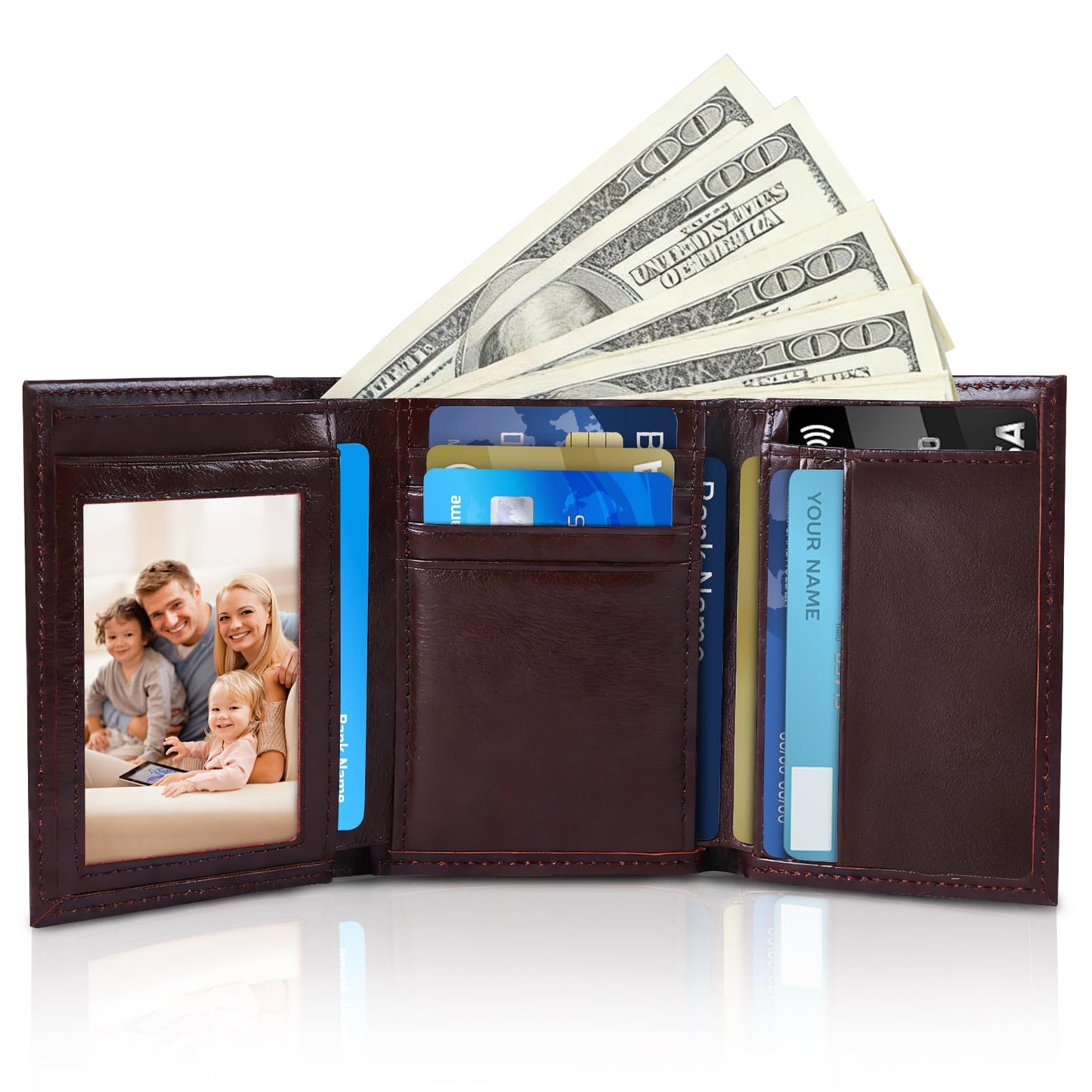 WULOUJIE Men's Trifold Leather Wallet, RFID Blocking Genuine Leather Wallet with 11 Card Slots, Tri Fold Wallet for Men（brown） (brown) (brown)