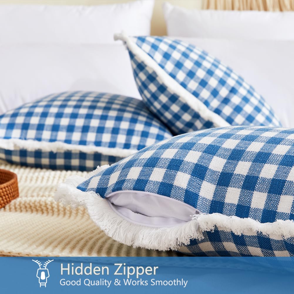 18x18 Blue and White Gingham Striped Throw Pillow Covers with Ruffle Trim