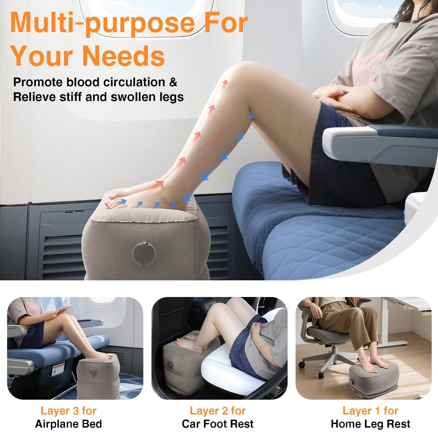 Maliton Inflatable Foot Rest Pillow for Travel,Kids Airplane Bed,Adjustable 3 Layers Height Leg Pillow of Air Travel Essentials,Car, Office, Home - Fast Inflation (Grey)