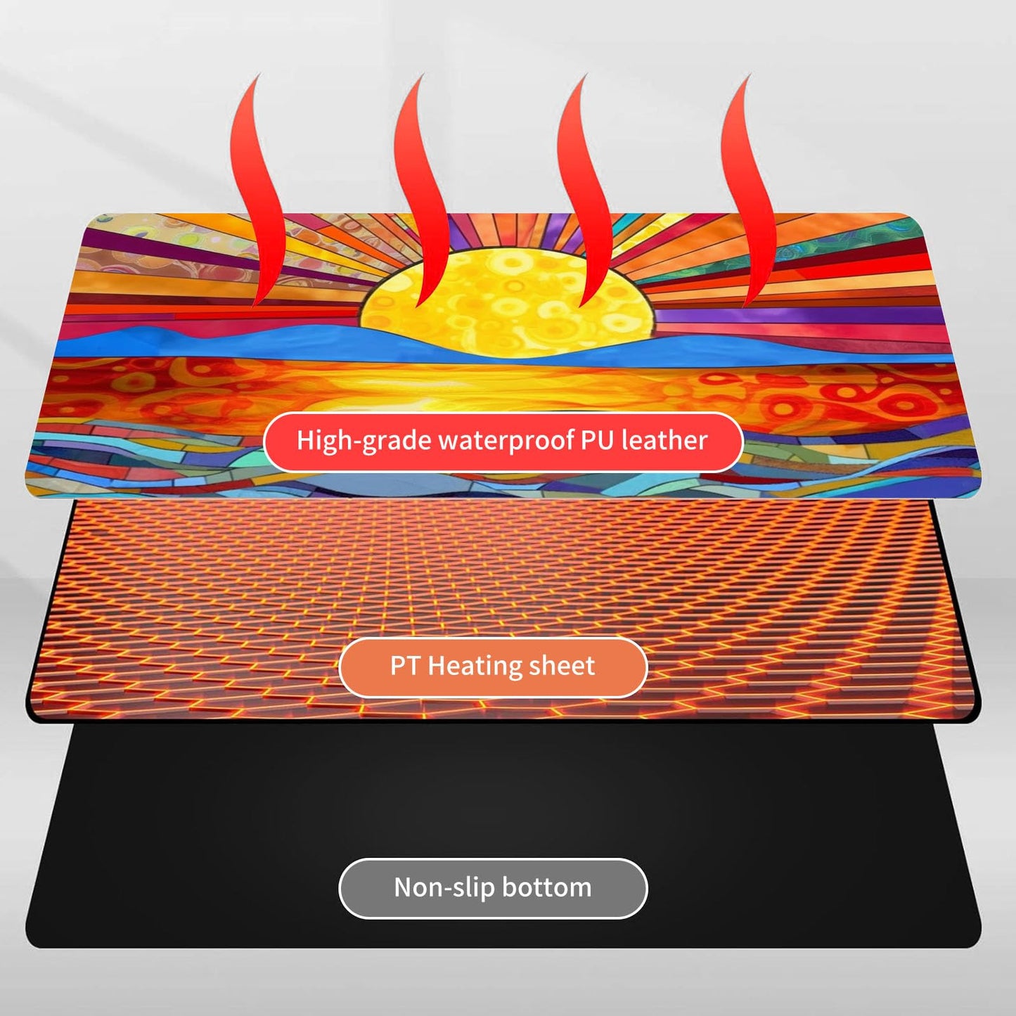 Heated Mouse Pad Hand Warmer, Warm Desk Pad Mousepad Desk Mat with 3 Levels Heating and 3 Hours Auto Shut Down 31.5 x 13 inch PU Leather Warmer Keyboard Mat for Gaming Laptop Office Home, A Art Sun