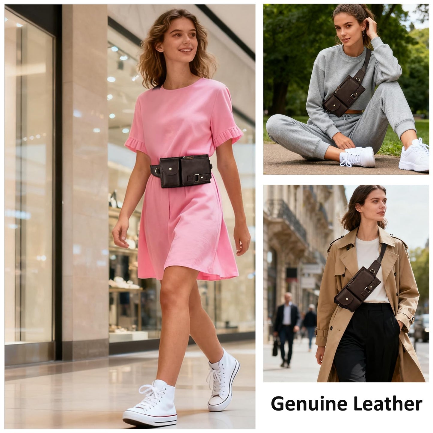 NIUCUNZH Genuine Leather Fanny Pack for Men Small Belt Bag Women Slim Waist Purses Sling Crossbody Bags for Running Hiking Travel