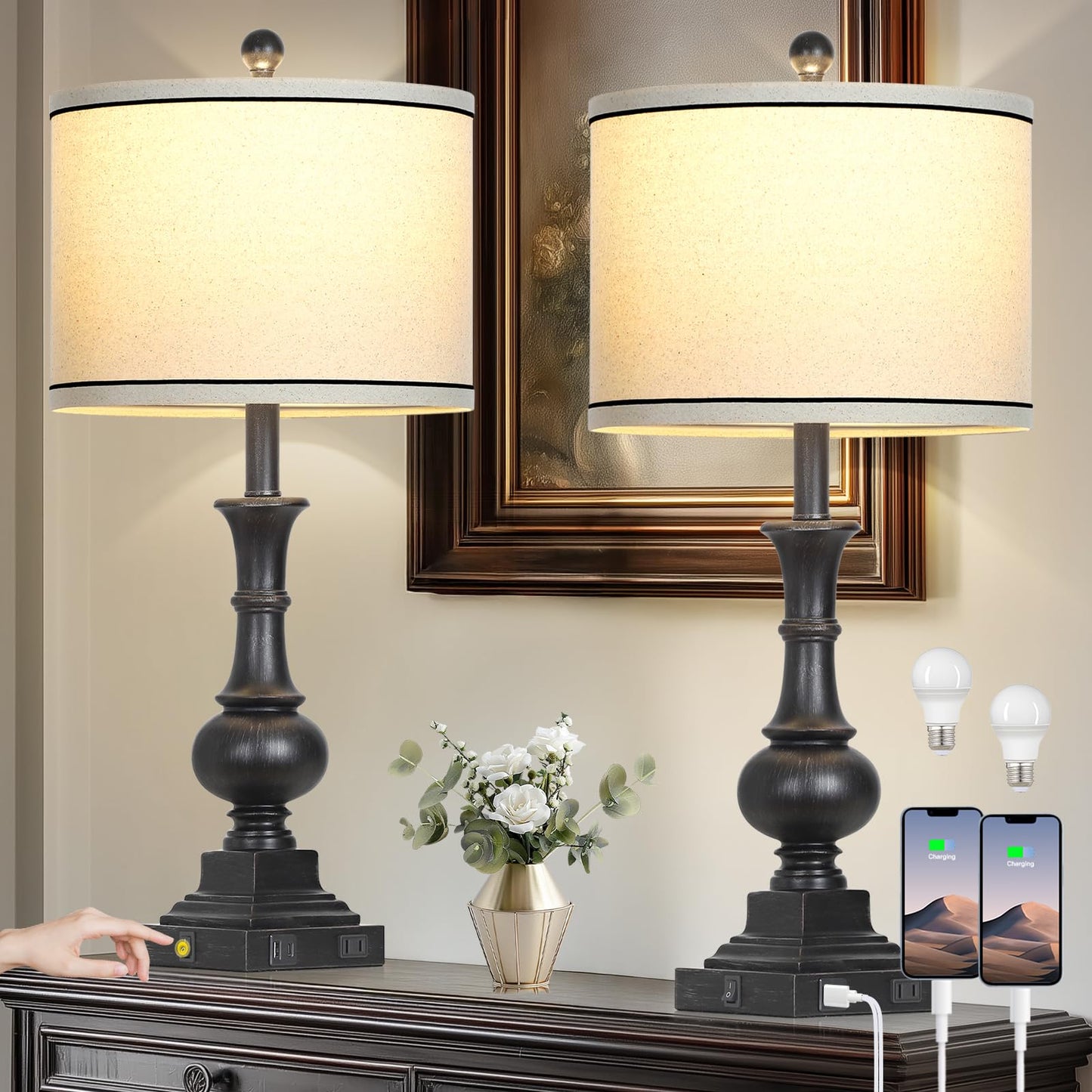 luxeflow Farmhouse Table Lamps Set of 2, Vintage Bedside Lamps with USB A+C Charging Ports & AC Outlet, 26" Rustic Nightstand Lamp for Living Room Bedroom End Table Wash Black(2 LED Bulbs Included)