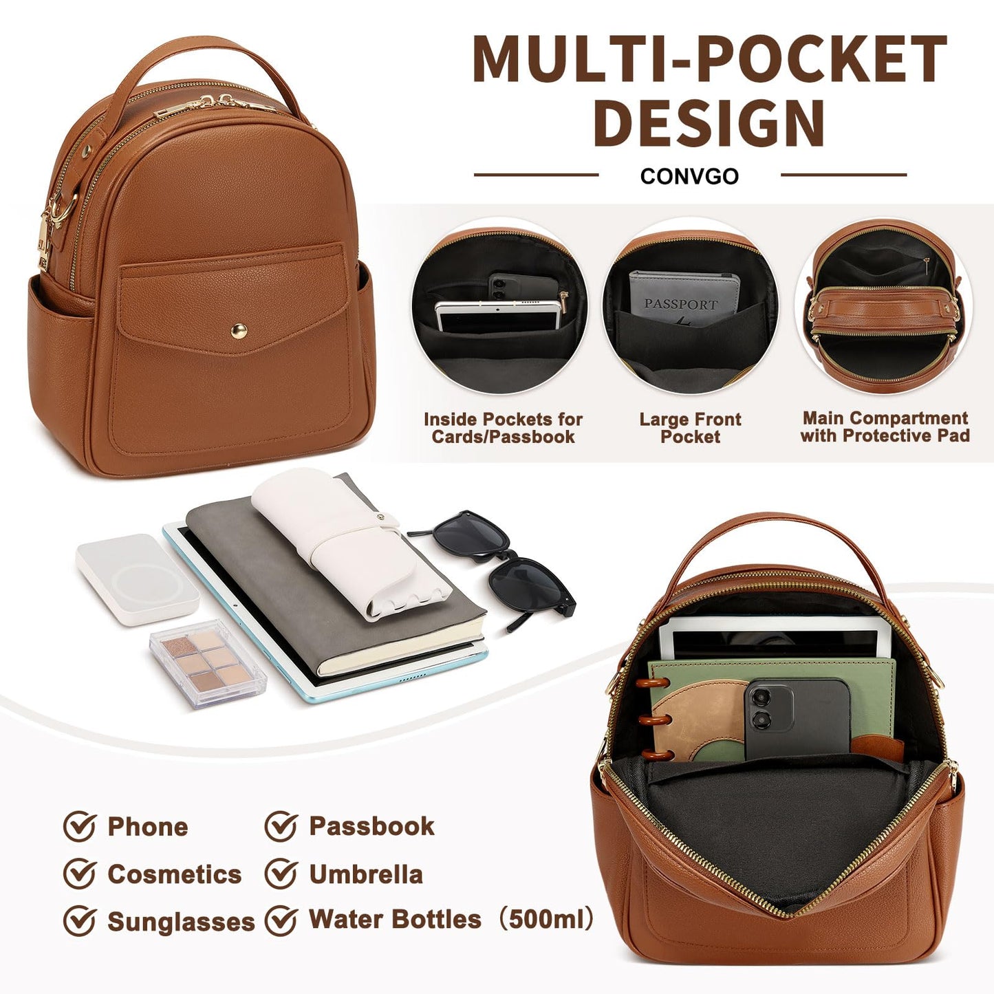 Convgo Small Backpack Purse for Women PU Leather Mini Backpack Travel Convertible Shoulder Bag with 3 Replaceable Shoulder Straps, Brown