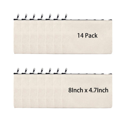 pabues 14 Pieces 8 x 4.7 Inch Blank Craft DIY Canvas Pen Pencil Case- Cotton Canvas Invoice Bill Bag Makeup Bags Cosmetic Bag Multipurpose Travel Toiletry Pouch with Black Zipper