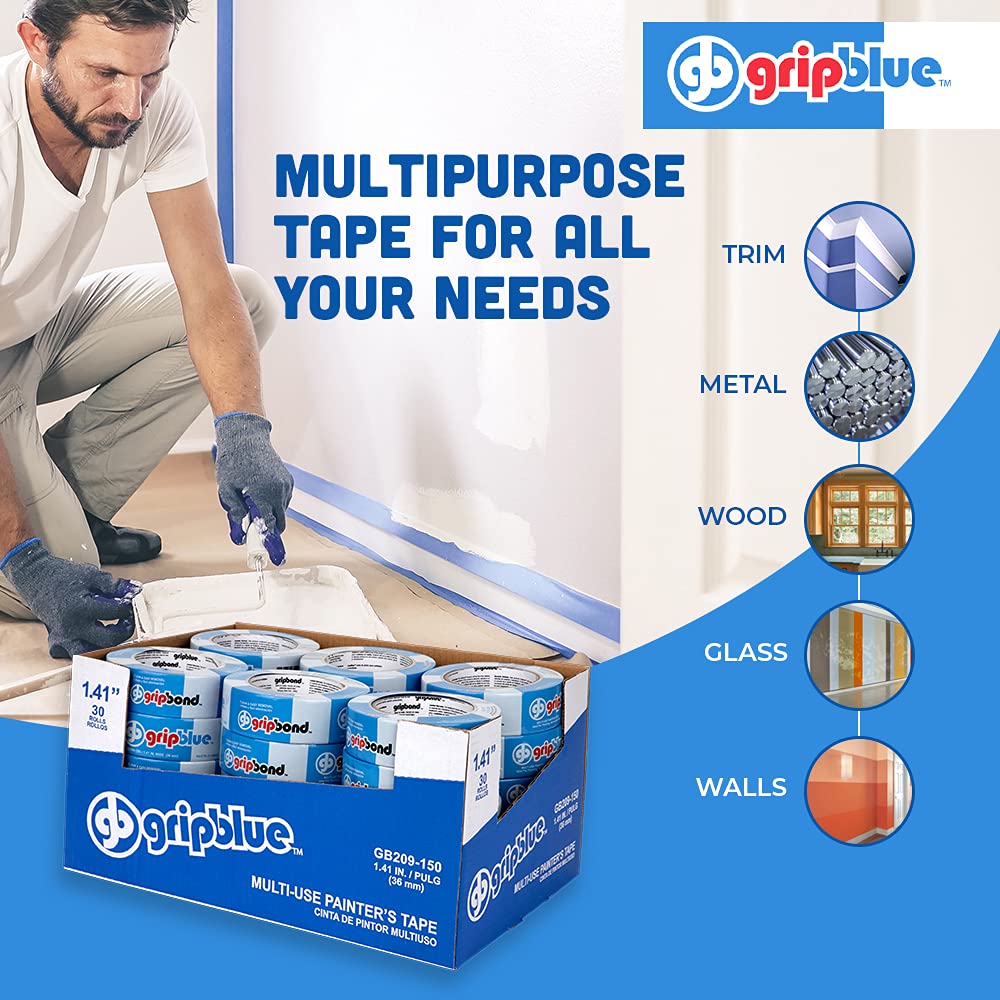 GripBlue Blue Painters Tape 1.5 Inch Wide, 30 Rolls Masking Tape - Perfect for Precise Lines on Walls & Trim, Multi-Surface, Residue-Free, Easy Removal - Ideal for Indoor & Outdoor Use, 1.41in x 60yds