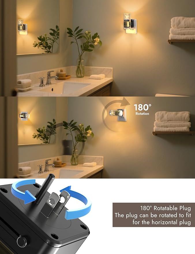 Night Lights Plug into Wall, 3 Color Temperature Nightlight, 0-100 LM Dimmable LED Night Light, On/Off Light Sensor by Switch, 180° Rotating Plug in Night Light for Bathroom Hallway Home Decor 2 Pack