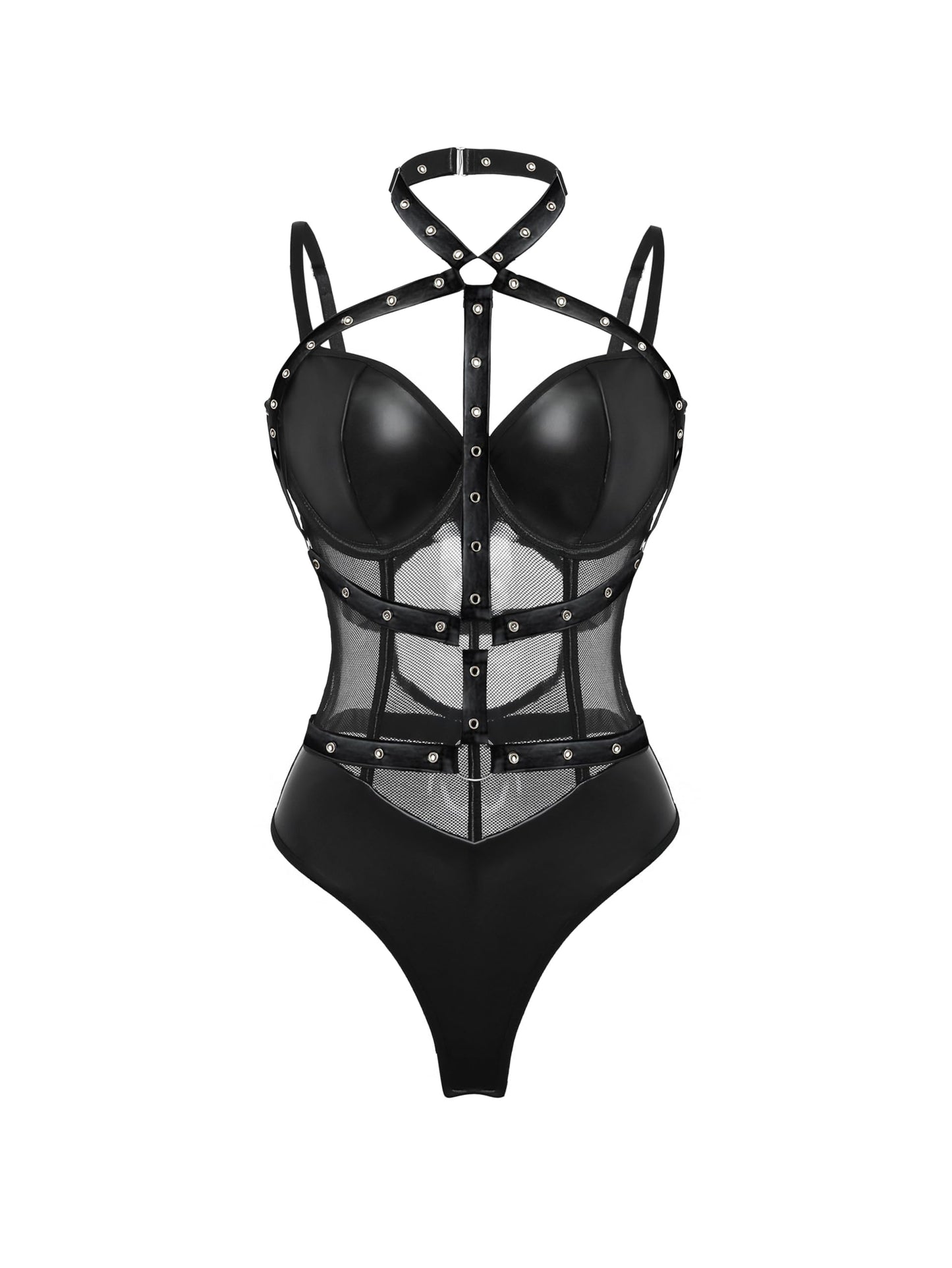 Lilosy Sexy Crisscross Choker Leather Pu Underwire Babydoll Women Harness Teddy Bodysuit Nightshirt One Piece Push Up Mesh Sheer Nightgown Hollow Rivets Fishnet Black Medium