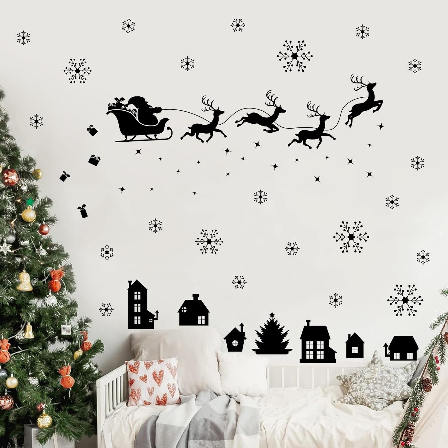 Merry Christmas Wall Decal Black Santa Reindeer Snowflake Window Clings Wall Stickers Removable Xmas Vinyl Wall Decor for Holiday Party Bedroom Office Living Room Home Decoration