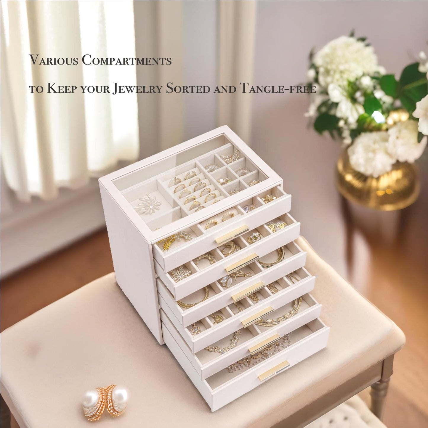 VLANDO 6-Drawer Jewelry Box with Glass Lid, Faux Leather Organizer for Rings Earrings Necklaces and More, Gift-Ready Jewelry Case for Women Girls or Moms, Pink Beige