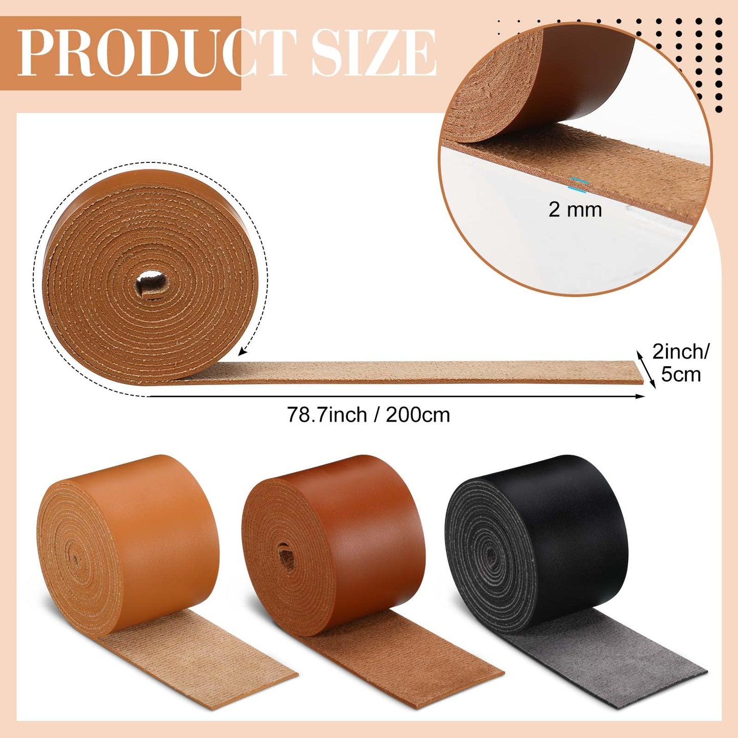 SilTriangle 3 Rolls Leather Straps for Crafts Single Sided Faux Leather Strips 2 mm Thickness 78.7 Inches Long for DIY Art Craft Projects Belt Tooling(2 Inch,3 Color)