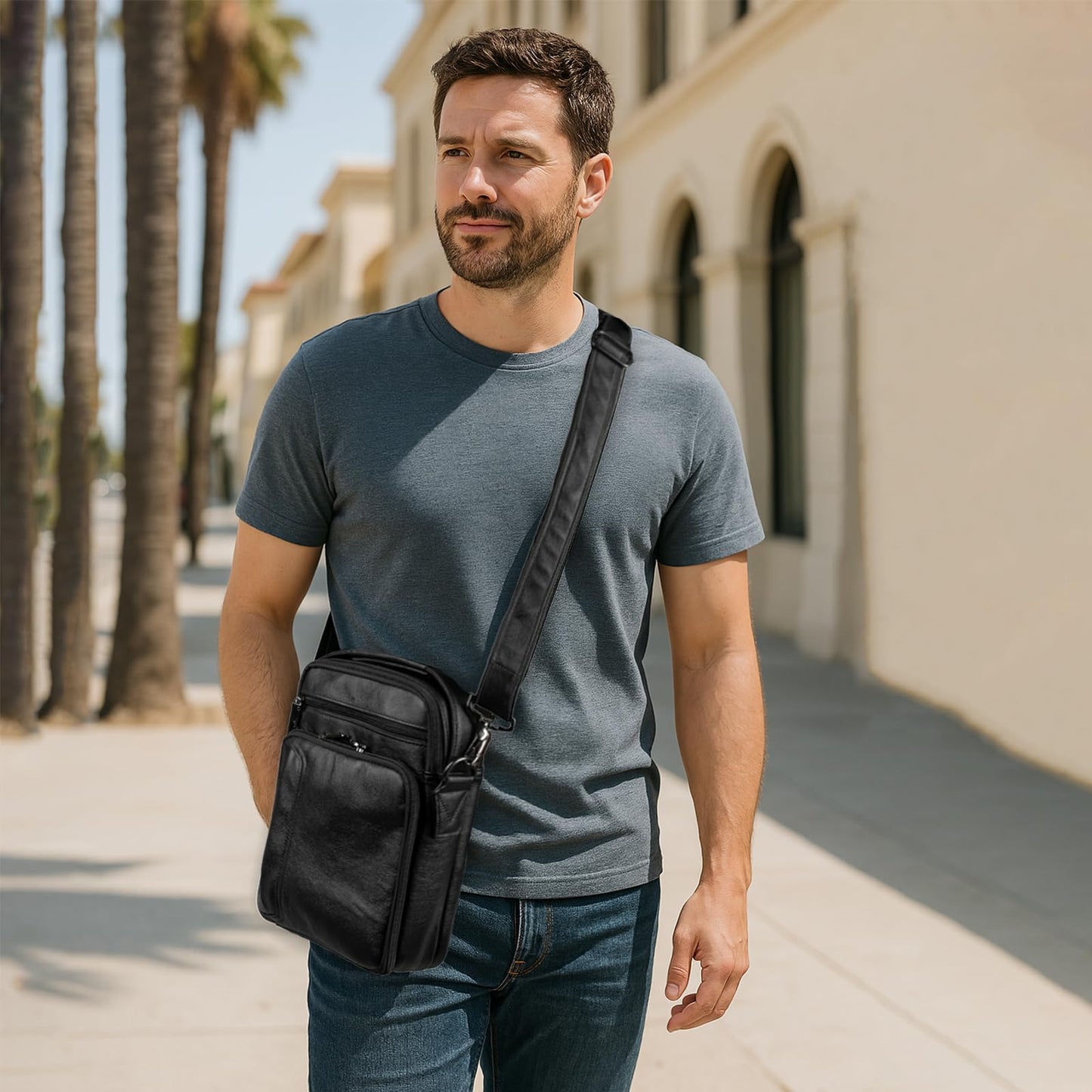 Ariscobull - Leather Small Messenger for Men - Women Shoulder Chest Travel Bag - Crossbody Bag (Black)