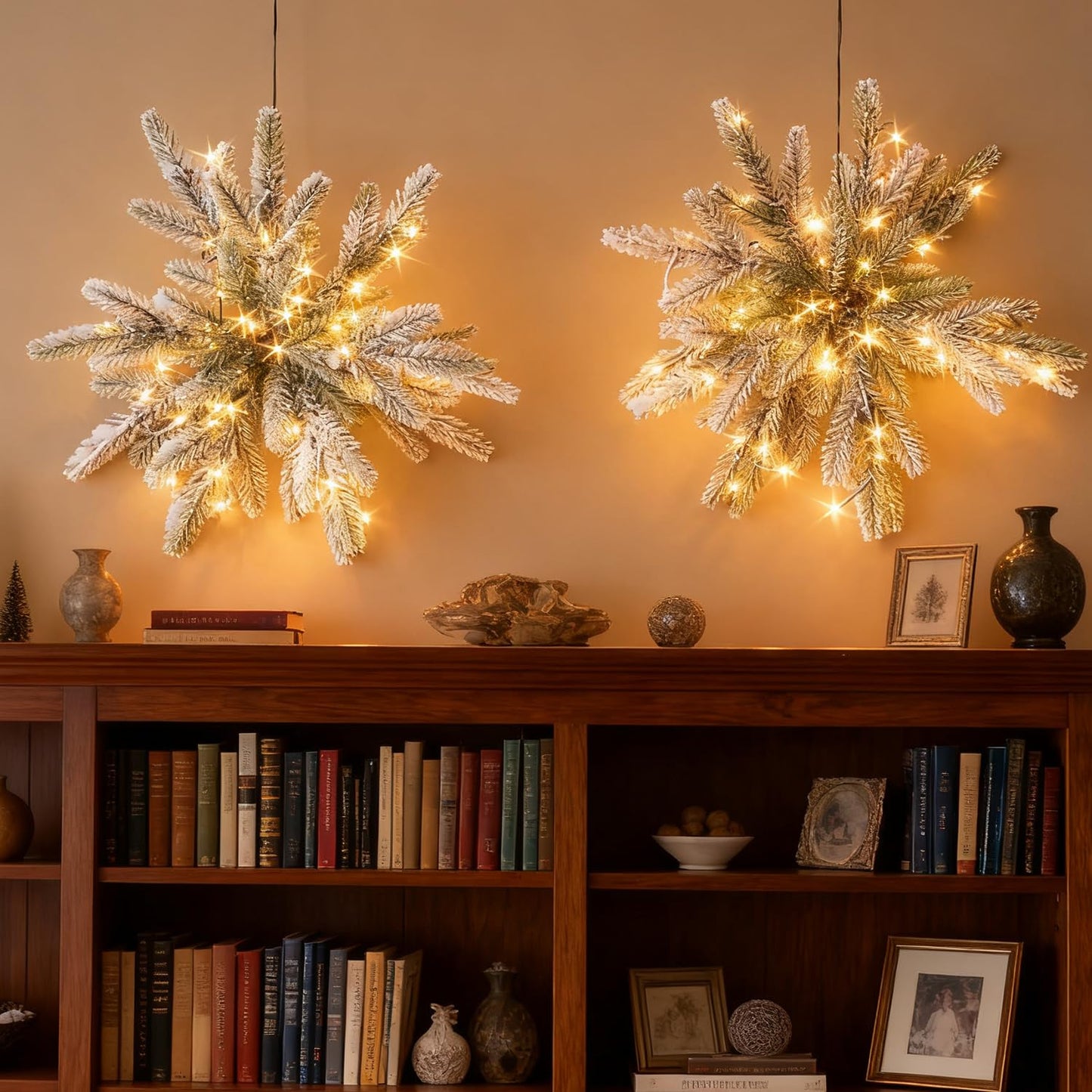Hairui Lighted Pine Snowflake Lights with Timer Battery Operated and USB Plug in 2 Pack, Pine Branch with Lights 16IN 60 LED for Wall Window Door Christmas Decoration Indoor Outdoor