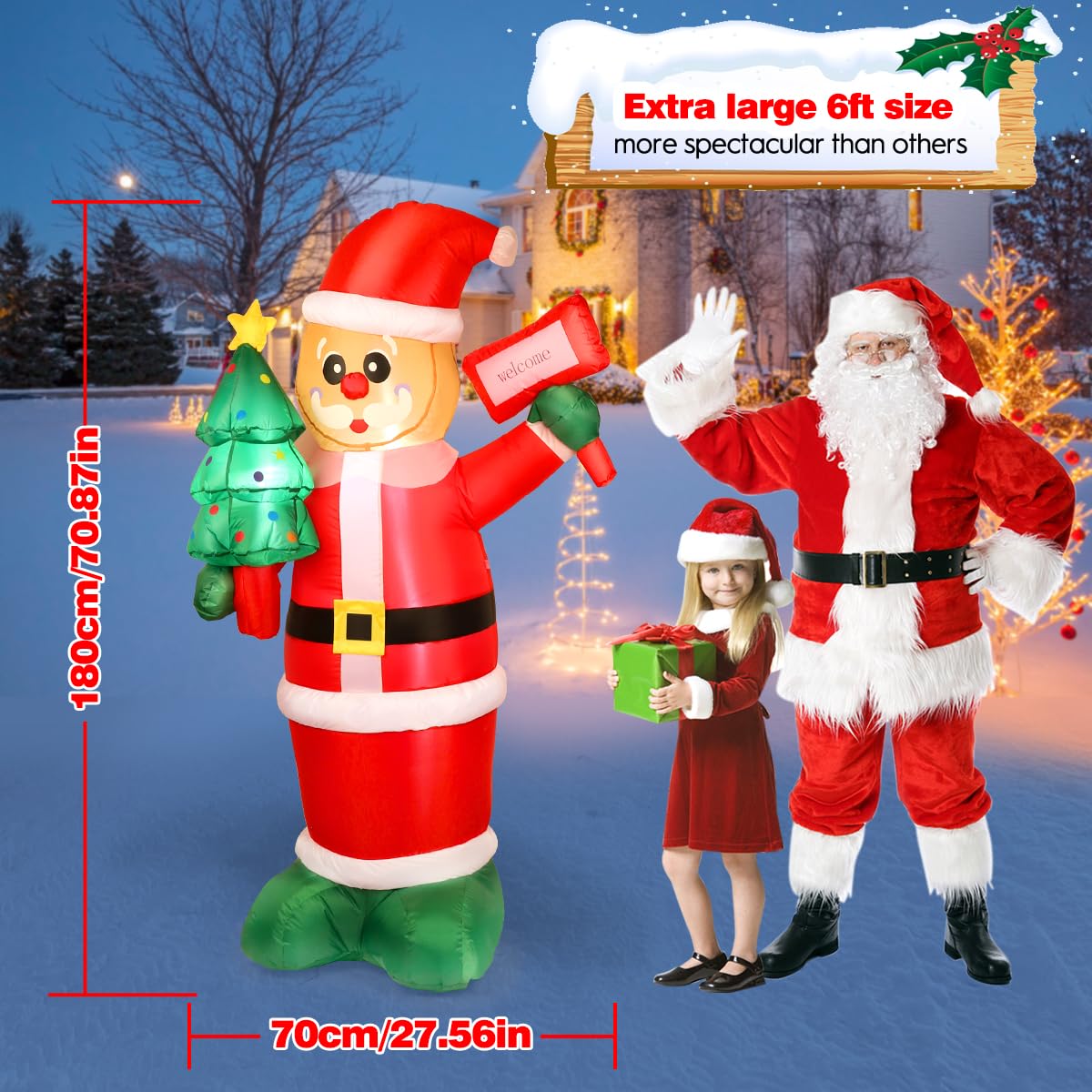6Ft Christmas Inflatables Santa Gingerbread with LED Lights & Gift Box, Giant Christmas Inflatables Yard Decorations, Xmas Blow Up Santa Claus, Indoor/Outdoor Christmas Decor for Holiday Patio Garden