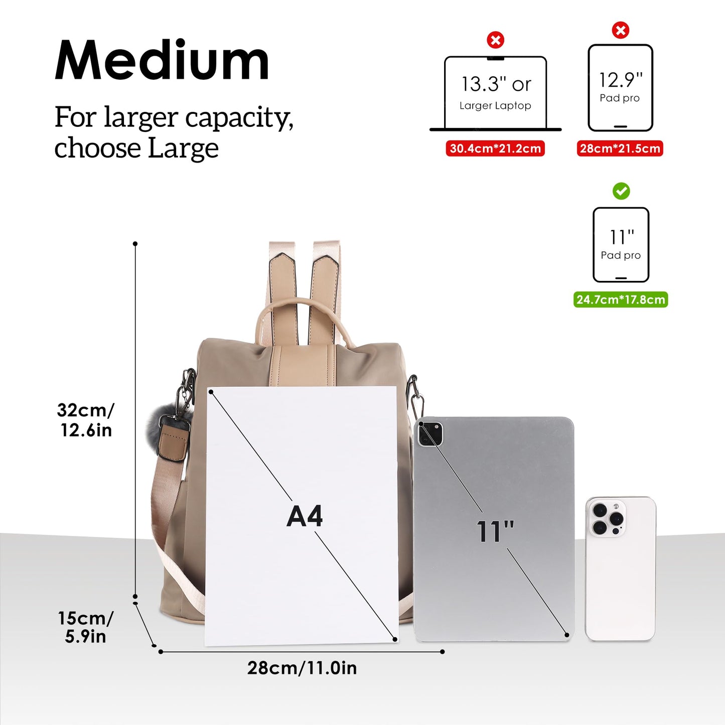 PINCNEL Women Khaki Medium Backpack Purse Waterproof Nylon Anti-theft Rucksack Lightweight Shoulder Bag