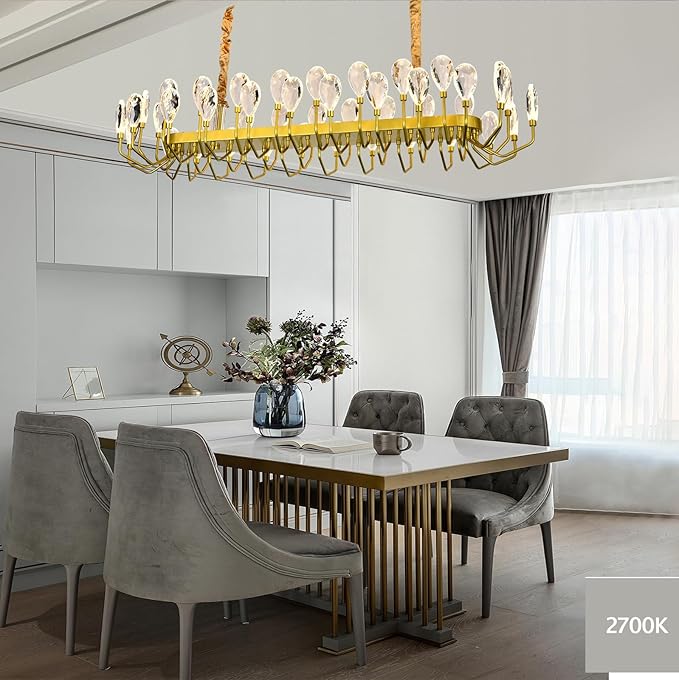 Modern Crystal Chandelier for Dining Room, Luxury Gold Rectangular Crystal LED Chandelier, Farmhouse Adjustable Pendant Ceiling Light for Living Room Kitchen Island L47.25