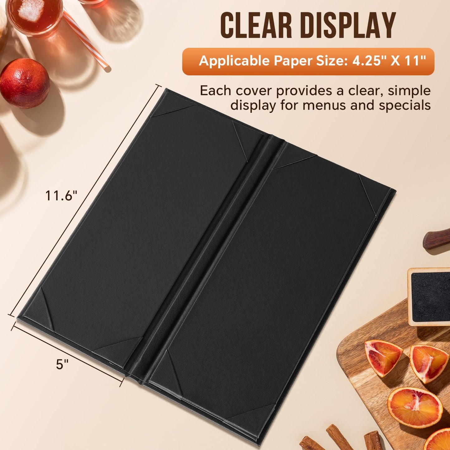MYFULLY Restaurant Menu Holders 4.25" x 11", 12 Pack Black PU Leather Single Panel Menu Covers with Angled Corners for Restaurant, Bar, Coffee Shop, Wine List (4 View)