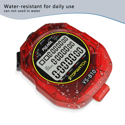 PULIVIA Stopwatch Timer 10 Splits/Laps Digital Stop Watch for Sports, Countdown Alarm Clock Date Memory Recall Large Display, Stopwatch for Coaches PE-Teacher Referee (red, 10 Splits/laps)