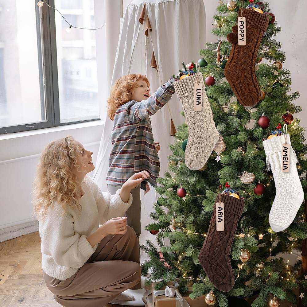 Teeanzo 4 Pack 18 Inches Christmas Knitted Hanging Stockings, Xmas Large Farmhouse Rustic Neutral Cable Knit Personal Stockings Decorations for Christmas Tree Fireplace Family Holiday Party Decor