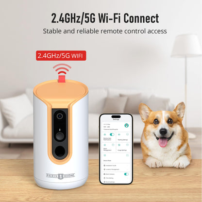 PARIS RHÔNE 2K Pet Camera, 360°View Dog Camera Treat Dispenser, 5G WiFi Pets Monitoring with Phone APP, Two-Way Audio, Infrared Night Vision, Barking Detection and Motion Alerts, Works with Alexa