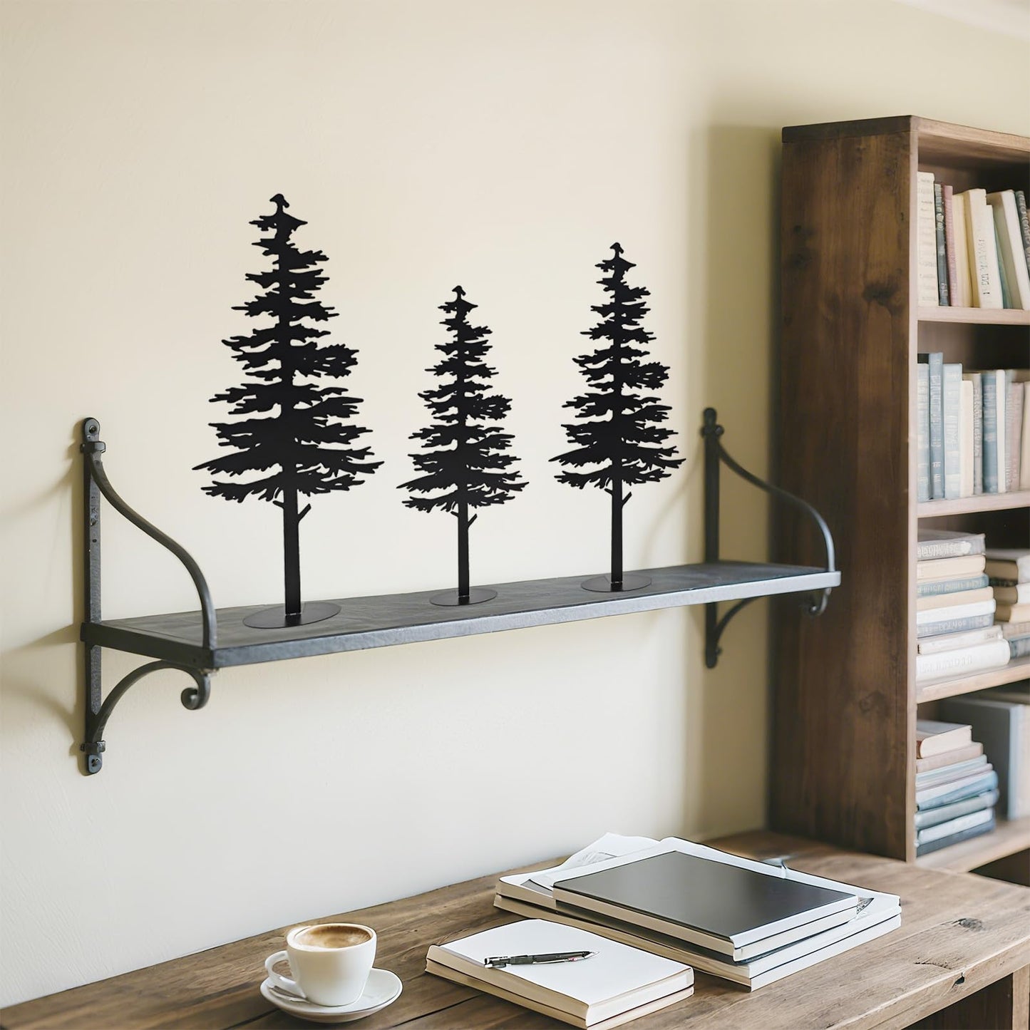 Farmhouse Metal Pine Tree Decor - Rustic Cabin Woodland Forest Accent Fireplace Centerpiece Living Room Bedroom Bookshelf Christmas Decorations Set of 3 (Black)