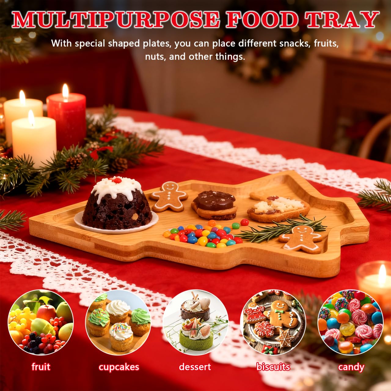 PRETYZOOM Wooden Appetizer Tray Christmas Tree Shaped Sushi Serving Tray Japanese Sashimi Plate Snack Dessert Candy Dish for Restaurant Home (11"x7.86")