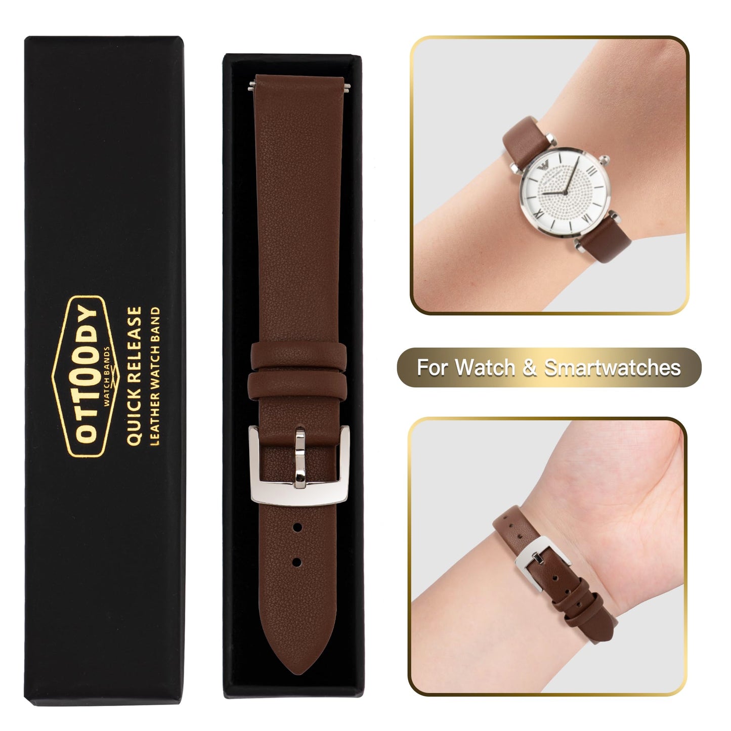 OTTOODY Leather Watch Straps Quick Release Watch Band, Elegant & Ultra Soft Top Grain Leather Watch Strap for Women Men, Choice of Color & Width 22mm 20mm 18mm 16mm 14mm 12mm for Watch & Smartwatch