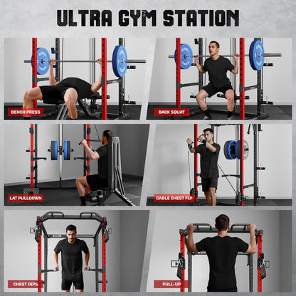 Goimu R1-V4 Power Cage Rack, 2000LB Squat Rack with Cable Crossover System, Multi-Function Weight Cage, Home Gym Workout Machine with More Training Attachments (Red R1 Power Cage)