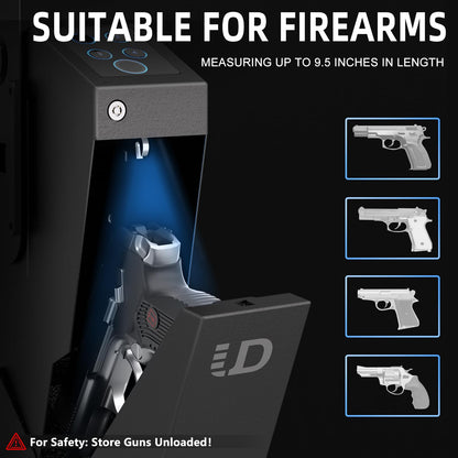 Urban Deco Gun Safe for Handgun Drop Down,Quick Access Pistol Safe Mounted Single Biometric Safes For Nightstand, Desk, Bedside,Vehicle Handgun Safe Auto Open - With Fingerprint, Pin Code, Key Access