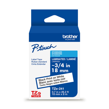 Brother Genuine P-Touch TZE-241 Tape, 3/4" (0.70") Standard Laminated P-Touch Tape, Black on White, Perfect for Indoor or Outdoor Use, Water Resistant, 26.2 Feet (8M), Single-Pack