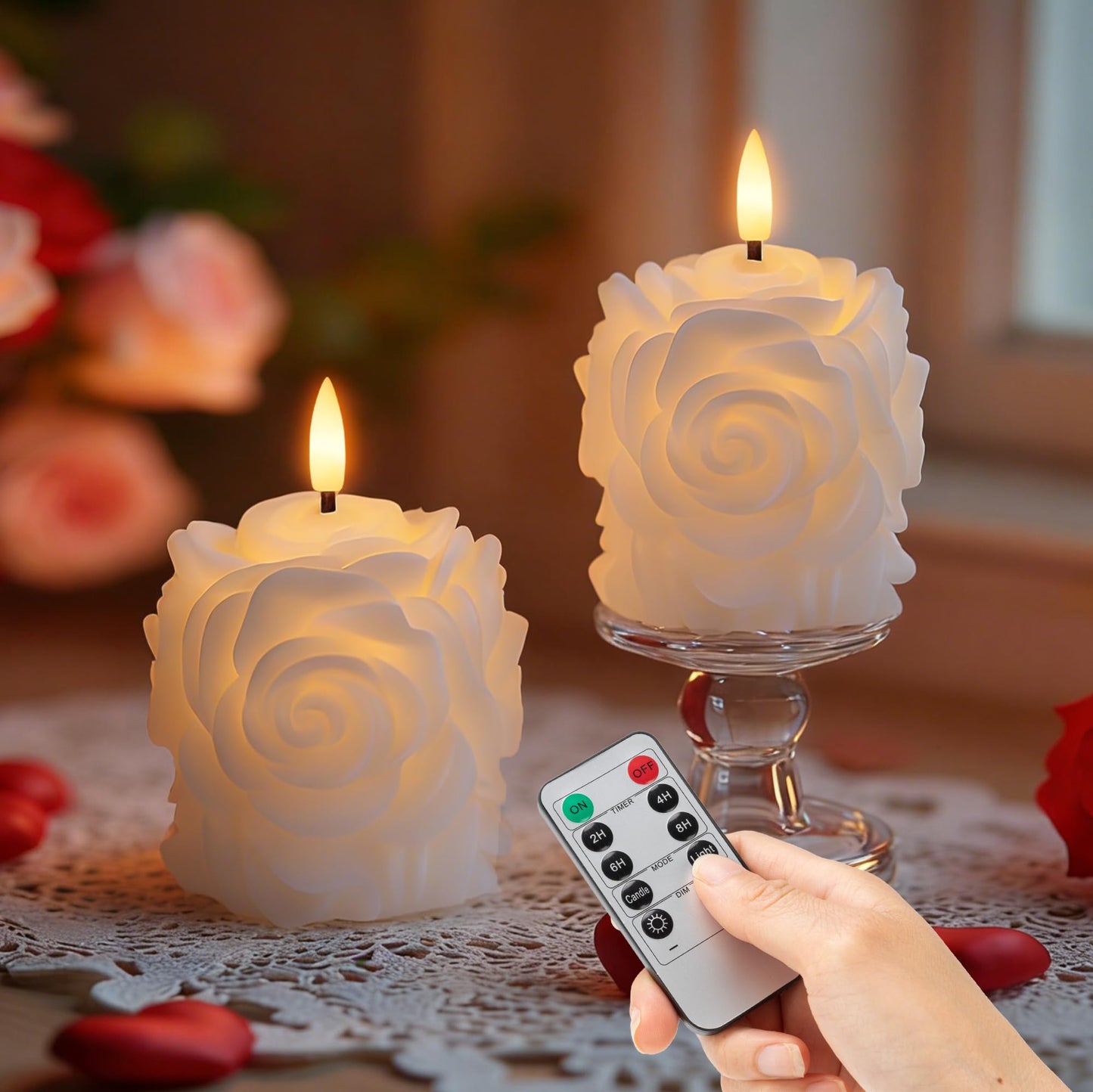 AFINETH Valentine Day Rose Flameless Candles with Remote and Timer, 2 Pack Flickering LED Candles for Proposal Wedding Anniversary Romantic Night, White