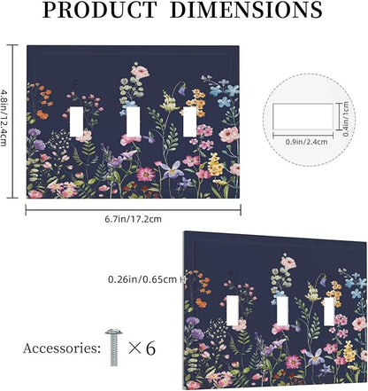 Rustic Wild Floral Darkground Vintage Watercolor Flower 3 Gang Light Switch Covers Decorative Unique Triple Toggle Wall Plate Electrical Faceplate Switchplate for Bathroom Decor