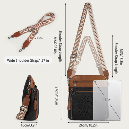RAINSMORE Crossbody Bags for Women Leather Purse with Built in Wallet & Wide Straps Travel Cross Body Shoulder Handbags, black&brown