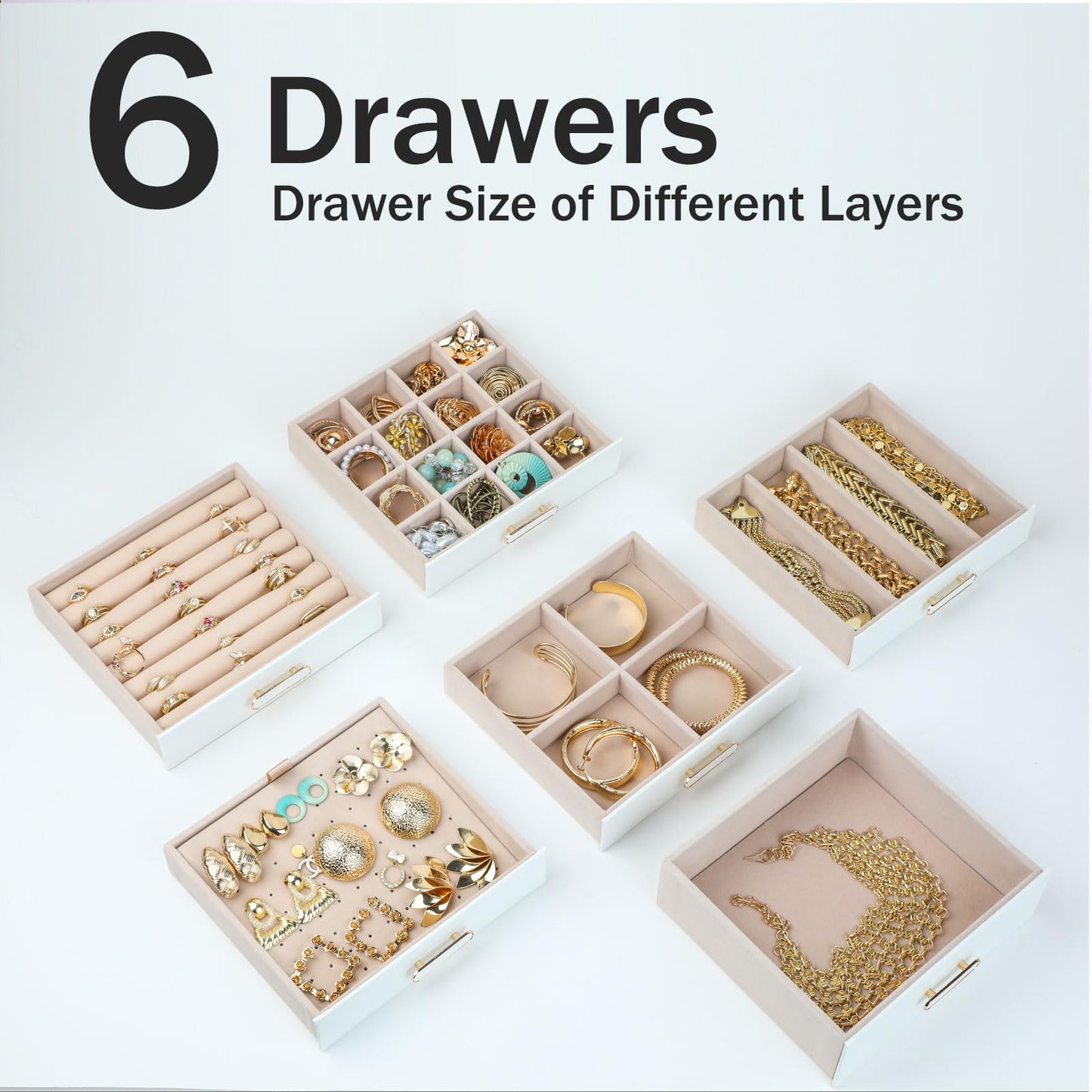 BOOVO Clear Lid Jewelry Box,6 Layers Jewelry Organizer Large Jewelry Storage Box with 6 Drawers,Jewelry Holder Organzier of Rings Earrings Necklace Bracelets for Women (White, 6 Layer)