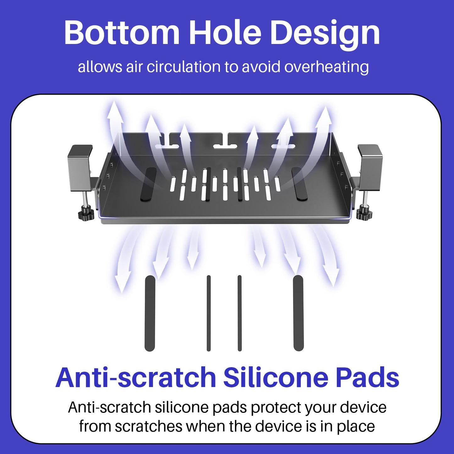No Drill Under Desk Laptop Mount, Metal Under Desk Storage Shelf with Cable Management, Laptop Storage Tray for MacBook, Keyboard, Mac Mini, Anti-Scratch Silicone, Fits Office, Gaming, Workstations