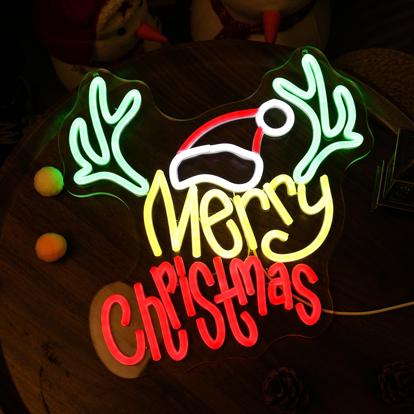 Merry Christmas Neon Sign with Deer Antlers and Santa Hat, Cute Happy New Year Decor for Home, Holiday Party Decorations, Xmas Lights for Wall Window Bar