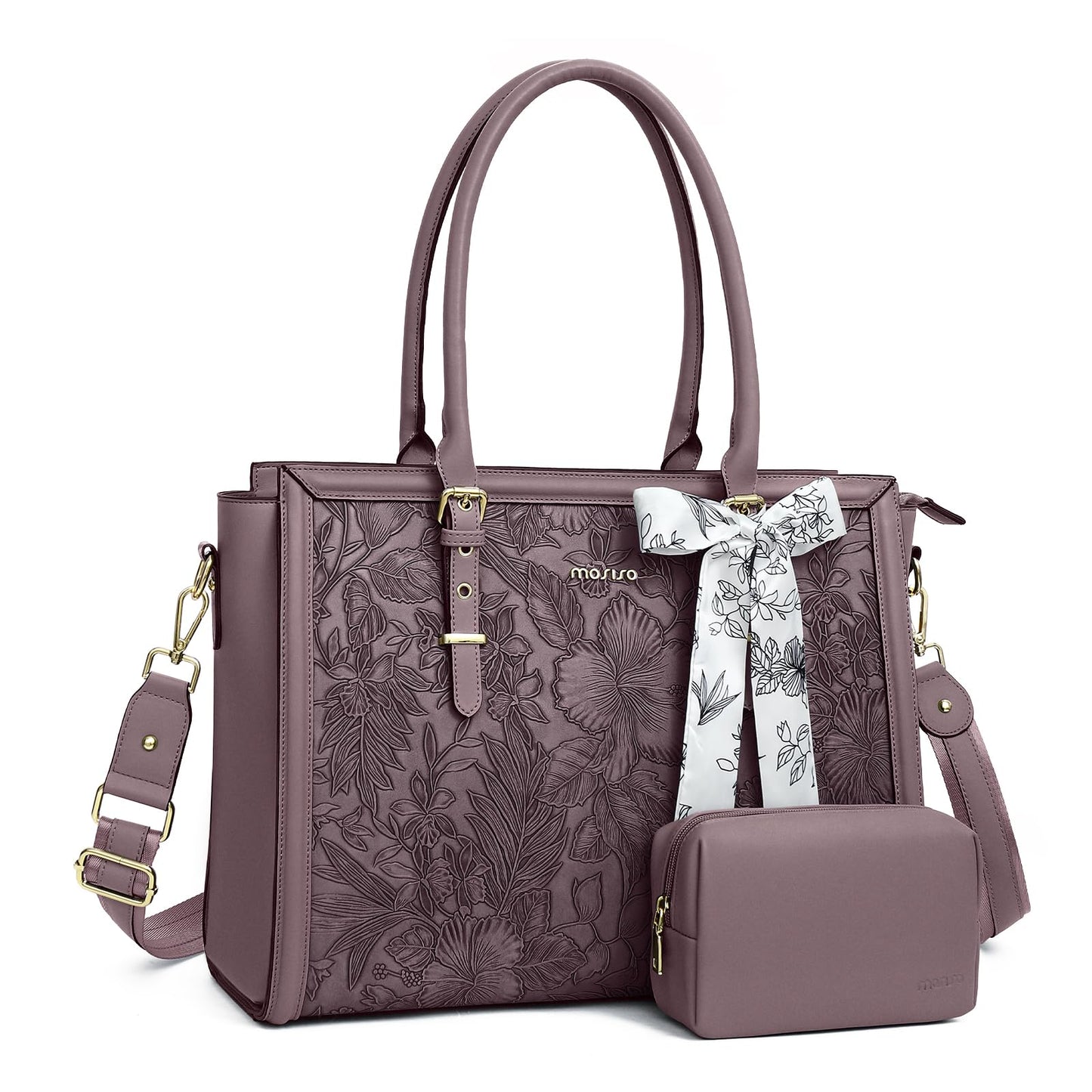 MOSISO Laptop Bag for Women, 17-17.3 inch PU Leather Tote Bag Compatible with MacBook, HP, Dell, Asus Notebook, Front Embossed Retro Hibiscus Computer Bags with Silk Scarf&Clutch Purse, Slate Purple