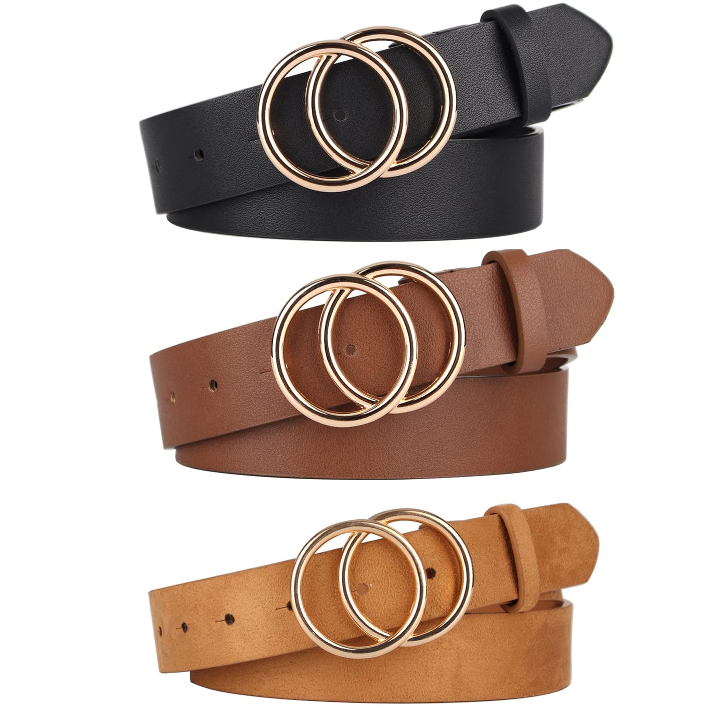 UnFader Pack 3 Women Belts for Jeans with Fashion Double O-Ring Buckle and Faux Leather