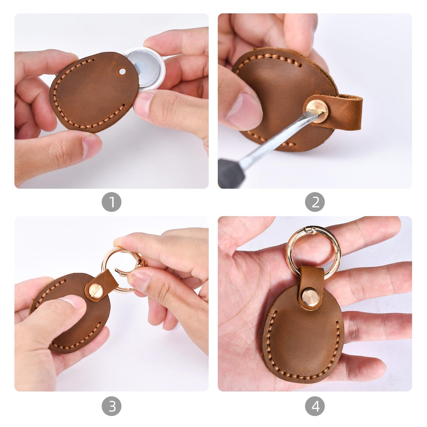 LZHRISING 4 Pack Genuine Leather Apple Airtag Holder, Air Tag Case Gps Tracker, Airtag Keychain Accessories, Gps Case with Key Ring for Key Chain,Wallet,Luggage,Cat,Dog,Pets