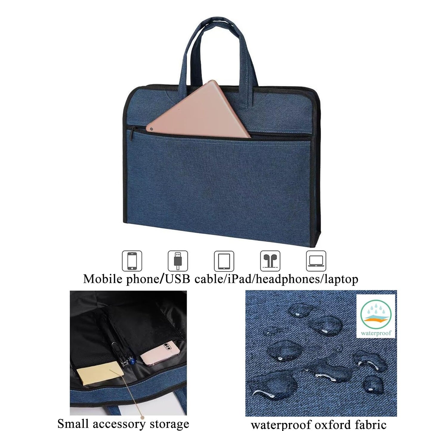 Oxford Zippered Document Bag Zippered File Bag with Handle Waterproof Portable Office Organizer File Tote Bag Pouch for Carrying Paper Laptop Files Books (Blue)