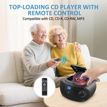 Portable CD Player Boombox with FM Radio, Top Loading CD Stereo Boom Box for Home, Bluetooth, Remote Control, LED Light, Headphone/Mic Jack, Support CD-R/RW/MP3-CD, USB, LCD Display, Black