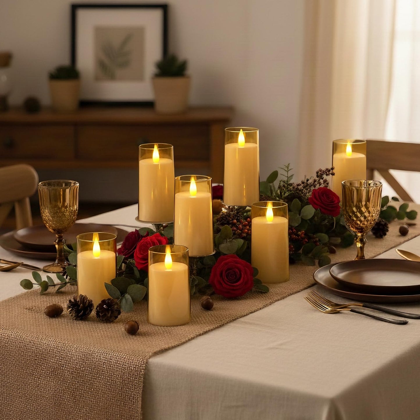 Raycare Flameless Electronic Pillar Candles with Remote Control and Timer- Battery Operated Realistic Flickering LED Fake Candle for Home, Wedding, Valentine's Day Decor, Gold,Set of 3(3"x4"5" 6")