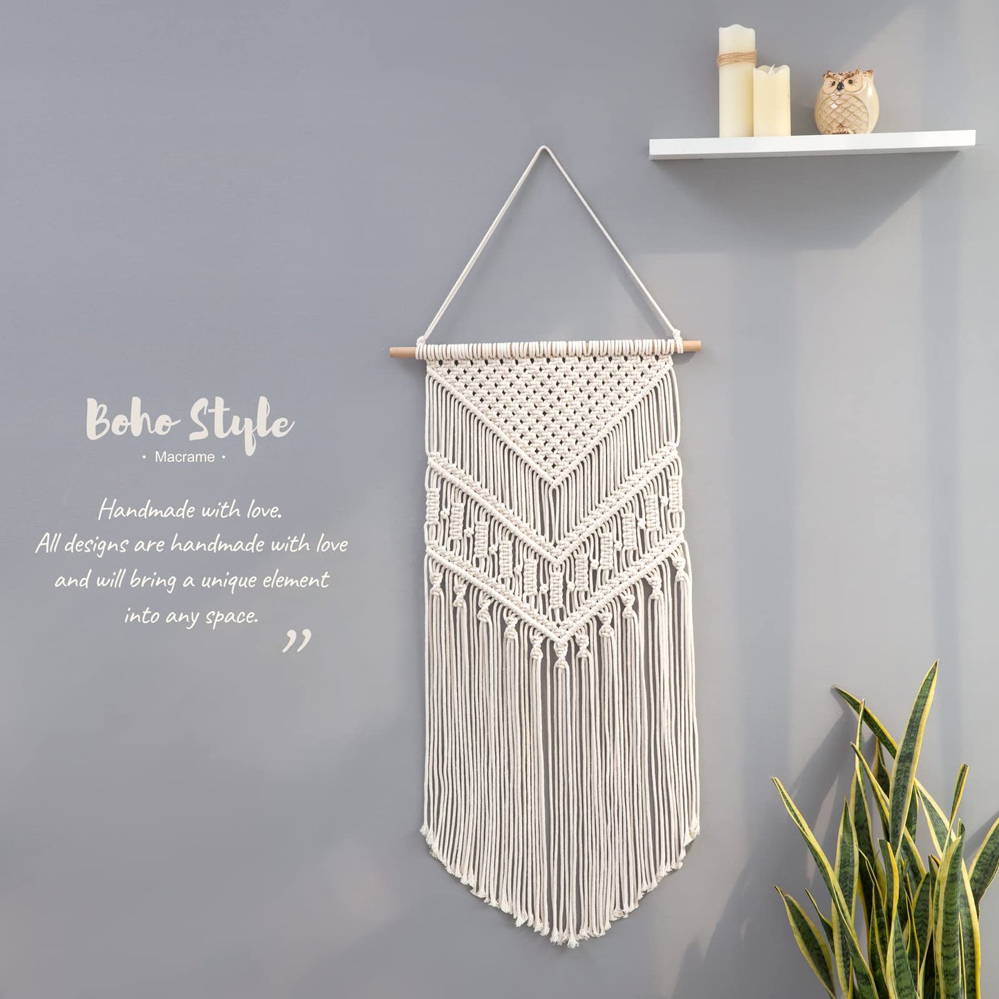 Mkono Macrame Wall Hanging Art Woven Boho Home Décor, Geometric Beautiful Yarn Tapestry Wall Decor for Bedroom, Nursery, Apartment, Dorm Decoration, Christmas Gift for Teen Girl Mom, 17" W x 33" L