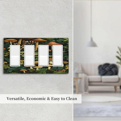 Mushrooms Forest Nature Botanical Art Light Switch Cover 4 Gang Rocker Decora Outlet Covers Wall Plate Decorative Switchplate Electrical Faceplate GFCI for Farmhouse Living Decor