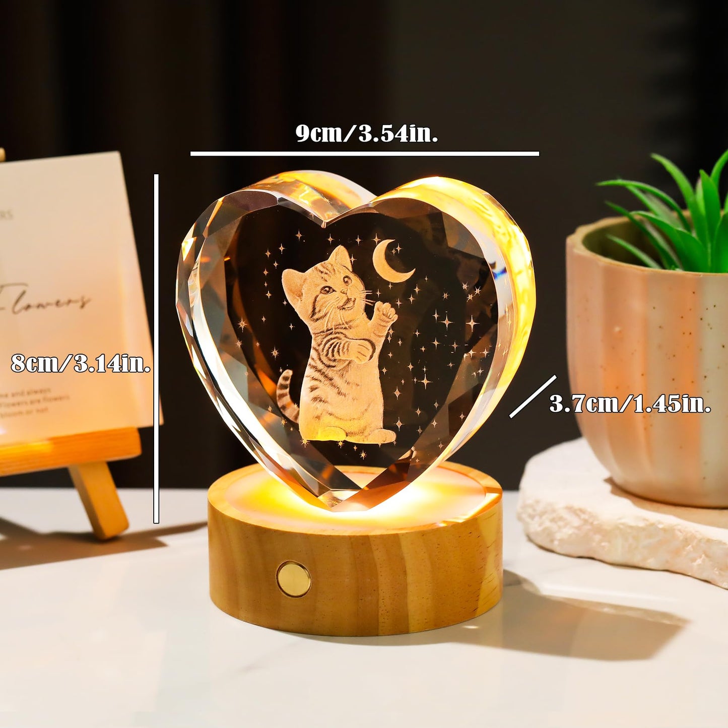 Arikyrist 3D Cat and Moon Crystal Heart Gifts for Women Cat Lovers - Glass Kitty Statue with Wooden Light Base, Cute Kitten Lamp Collectible Night Light Home Decor