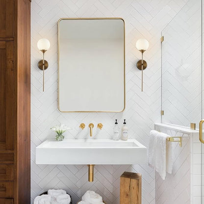 KCO Mid-Century Modern Wall Mounted Sconces Set of 2 Brushed Gold Globe Vanity Light Fixture Long Arm Industrial Bathroom Lighting Fixtures Over Mirror (White)