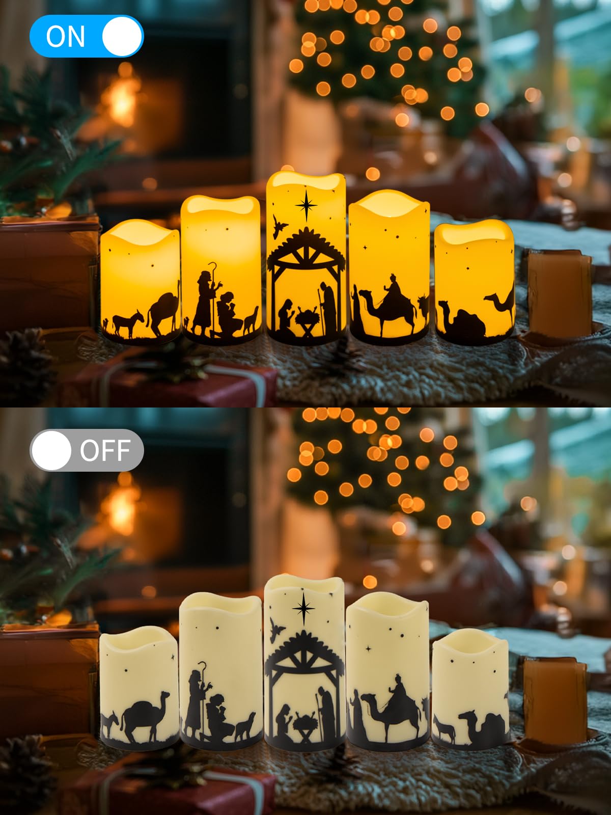 ONEIHOMM 5 Pcs Christmas Nativity Scene Candles with Timer Remote Control
