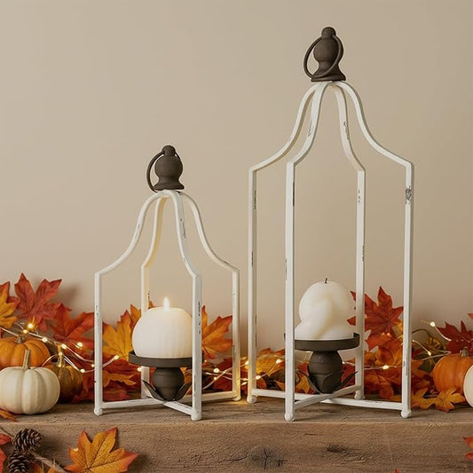 12.5" & 16.5" Timeless Cozy Decorative Lanterns Set of 2, Handcrafted Metal Iron Candle Holders, Farmhouse Elegance Fireplace Mantel Table Festive Gatherings Decor