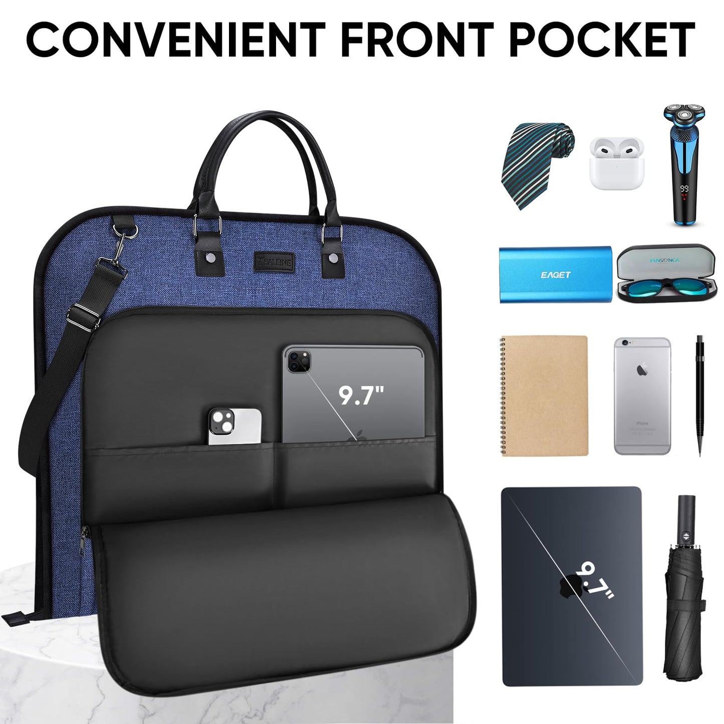 BALEINE Travel Garment Bag, Travel Suit Bag for Men, Water Resistant Carry on Garment Bag for Hanging Clothes, Garment Duffel Bag for Travel Business (Blue)