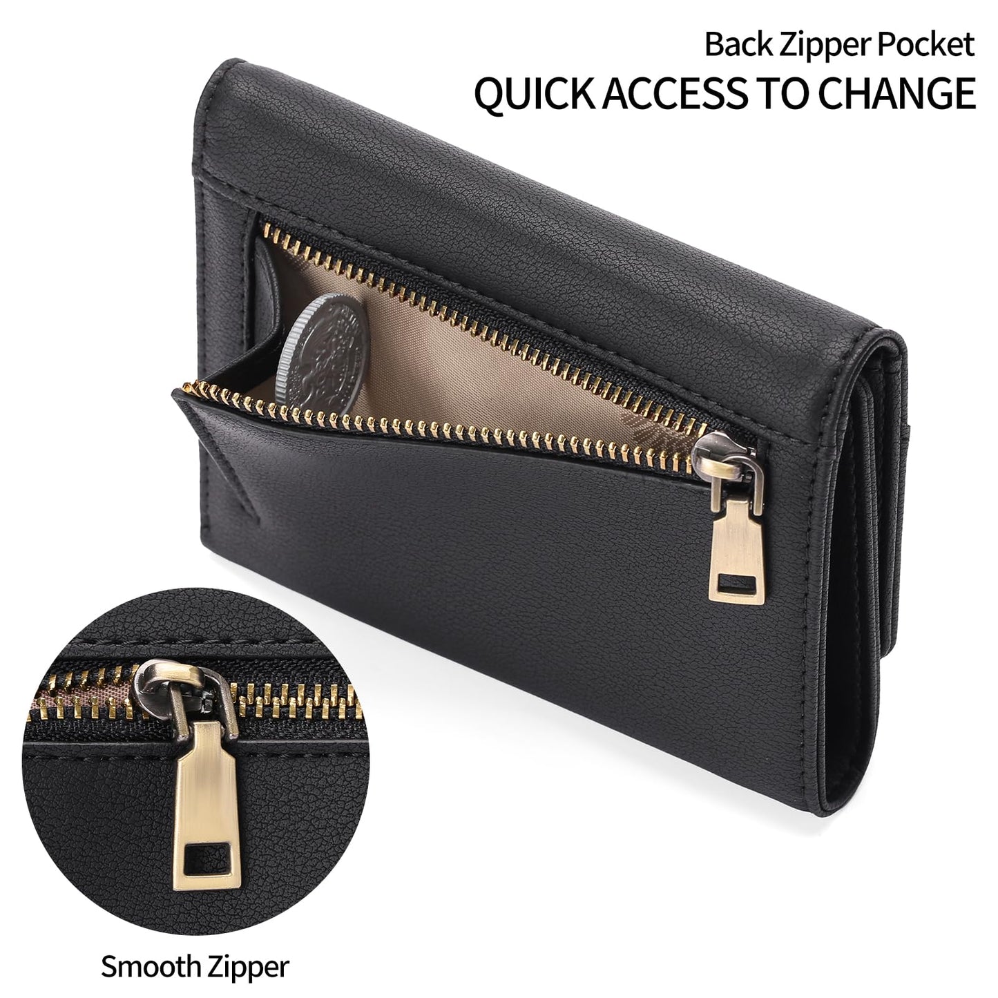 GAEKEAO Small Wallets for Women Leather RFID Blocking Trifold Ladies Wallets Credit Card Holder with Zipper Coin Pocket
