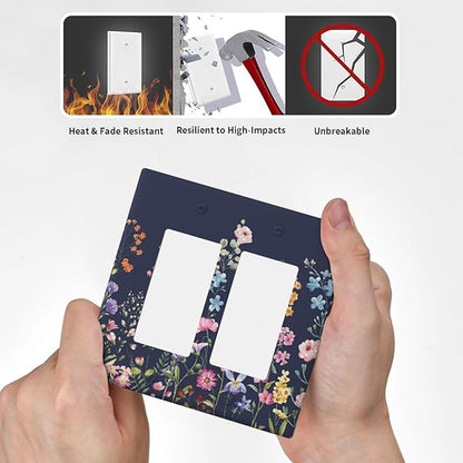 Rustic Wild Floral Darkground Vintage Watercolor Flower 2 Gang Rocker Decora Light Switch Covers Decorative Dual Outlet Covers Wall Plate Electrical Faceplate Switchplate GFCI for Bedroom